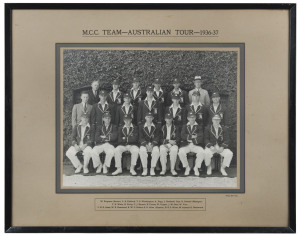 M.C.C. TEAM - AUSTRALIAN TOUR - 1936-37, official team photograph by the "Sydney Mail", attractively mounted with names printed below; framed, but not glazed. Superb condition. (Image 30 x 37.5cm) overall 50 x 62.5cm.