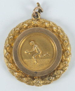 15ct gold football medallion (by Willis, Melbourne) with a running player on the front and engraved on reverse "C.D.F.C. Pres. to A.WILSON by WAL OWEN for CONSPICUOUS PLAY, Seas. 1920"