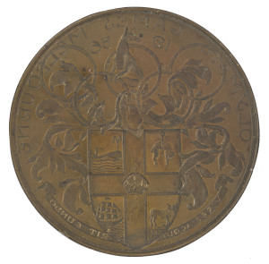 1956 Melbourne, XVI Summer Olympics: The 1956 PARTICIPATION MEDAL: A copper 95mm diameter uniface proof or progressive die of the reverse of the medal which was issued with a 63mm diameter. With the copper backing plate (115 x 110mm) to which it appears t