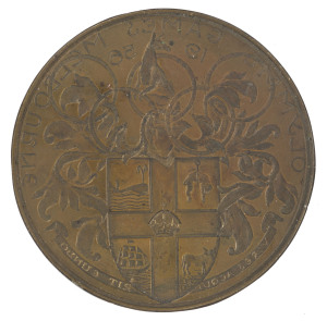 1956 Melbourne, XVI Summer Olympics: The 1956 PARTICIPATION MEDAL: A copper 95mm diameter uniface proof or progressive die of the reverse of the medal which was issued with a 63mm diameter. With the copper backing plate (115 x 110mm) to which it appears to have been previously affixed. All details are similar to the issued medal but in reverse, of course. Not previously seen by us.
