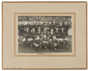 FITZROY FOOTBALL CLUB 1935: Official team photograph by C.E.Boyles & Son; mounted on backing card. Overall 20 x 25cm.Although Fitzroy finished the season in 7th position, the photograph includes their Brownlow medallist for 1935, Haydn Bunton, Snr. It was his 3rd Brownlow win and the second year in a row in which he was voted Fitzroy Club Champion.
