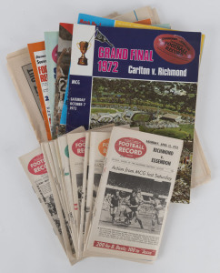 The Football Record: 1972 editions for 16 of the Home-and-Away Rounds, together with the Special Editions for the Elimination Match (St.Kilda v Essendon), the Semi-Final (Collingwood v St. Kilda), the Second Semi-Final Replay (Carlton v Richmond), the Preliminary Final (Carlton v St. Kilda) and the Grand Final (Carlton v Richmond). Also, The Courage Football Fixture for 1972 and 3 different newspaper souvenir sections. (25 items). Carlton 28.9 (177) won the Grand Final over Richmond 22
