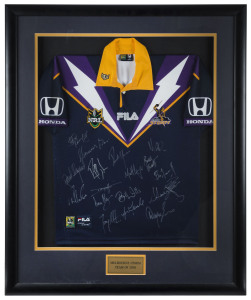 MELBOURNE STORM: Melbourne Storm guernsey signed by 2001 team, with numerous signatures, window mounted, framed & glazed, overall 89x110cm
