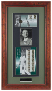 DON BRADMAN, 1997 Australia Post "Australian Legends - Sir Donald Bradman" display, comprising P.O. Stamp Pack & PNC (coin FDC) plus a signed inset photoraph of Bradman, framed and glazed, overall 40x73cm.