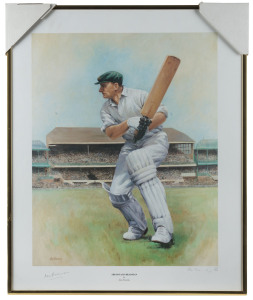 DON BRADMAN: print "Sir Donald Bradman" by Alan Fearnley (Bradman wearing Australian cap with SCG in background), signed by Don Bradman & the artist, limited edition 279/850, framed & glazed, overall 47x57cm.