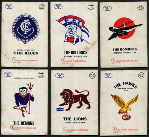 1973 SCANLENS: Club Mascot Sticker inserts, [10/12] ex No 9 (North Melbourne) & No 11 (St Kilda) but with duplicates of No 4 (2), No 5 (2), No 6, & No 8 (3) . Poor to Fair, few good. Very scarce. (18)