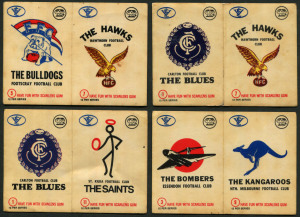 1974 Scanlens: Club Mascot Sticker inserts, incomplete set comprising 5 pairs (8 of 12 clubs represented), somewhat aged, poor/fair. Scarce.