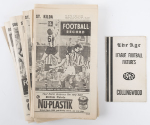 The Football Record: 1967 editions for the Home-and-Away Rounds, with 15 featuring St.Kilda: 1, 2, 3, 4, 5, 6, 7, 8, 9 (2 diff.), 10, 12 2 diff.), 13, 14, 16 and 17. Also, the Night Premiership Football Record (South Melbourne v Footscray) and The Age Foo