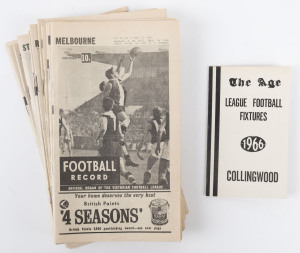 The Football Record: 1966 editions for the Home-and-Away Rounds, with 13 featuring St.Kilda: 1, 2, 3, 7, 8, 9, 10, 11 (2 diff.), 12 (2 diff.), 13, 14, 15, 16 and 18. Also, the Night Premiership Football Record (North Melbourne v Hawthorn) and The Age Foot