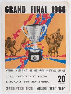 The Football Record: Special editions for the 1966 1st Semi-Final (Geelong v Essendon); the 2nd Semi-Final (Collingwood v St.Kilda); the Prelim. Final (St.KIlda v Essendon) and the Grand Final (Collingwood v St.Kilda). (Total: 4). St.Kilda 10.14 (74) won the Grand Final over Collingwood 10.13 (73) in front of 102,055 fans. St.Kilda centreman, Ian Stewart won the Brownlow.