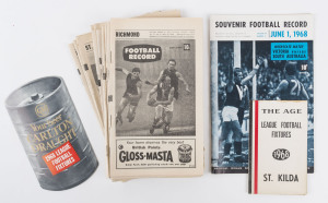 The Football Record: 1968 editions for 13 of the Home-and-Away Rounds, six featuring Richmond and 6 Melbourne. Also, The Age Football Fixture for St.Kilda., the Carlton Draught Fixture card and the special Football Record for the Interstate Match (Victori