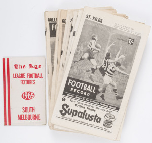 The Football Record: 1965 editions for the Home-and-Away Rounds, with 13 featuring St.Kilda: 1, 2, 3, 5, 7 (2 diff.), 8 (2 diff.), 9 (2 diff.), 10, 11, 12, 14, 15, 16 and 17. Also, the Night Series Football Record (Hawthorn v North Melbourne) and the Night Premiership Football Record (North Melbourne v Carlton) and The Age Football fixture for South Melbourne. (Total: 20 items). St. Kilda finished the Home-and-Away Season in Top position on the ladder, with 14 wins, and 4 losses. Essen