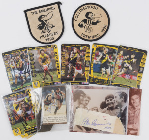 SIGNED IMAGES: sorted by club including Darren Millane (Collingwood) on small mounted cut-out (+ signed photo of Jeff Fenech who wore Millane's Collingwood guernsey to the ring prior to his fight with Azumah Nelson; Scott West, Luke Darcy & Chris Grant (Western Bulldogs) on football cards; Jack Riewoldt, Dustin Martin, Daniel Rioli, Alex Rance & Trent Cotchin (Richmond) on football cards; Peter Crimmins (Hawthorn) on piece, plus photograph of him holding 1976 Premiership Cup with team mates whil