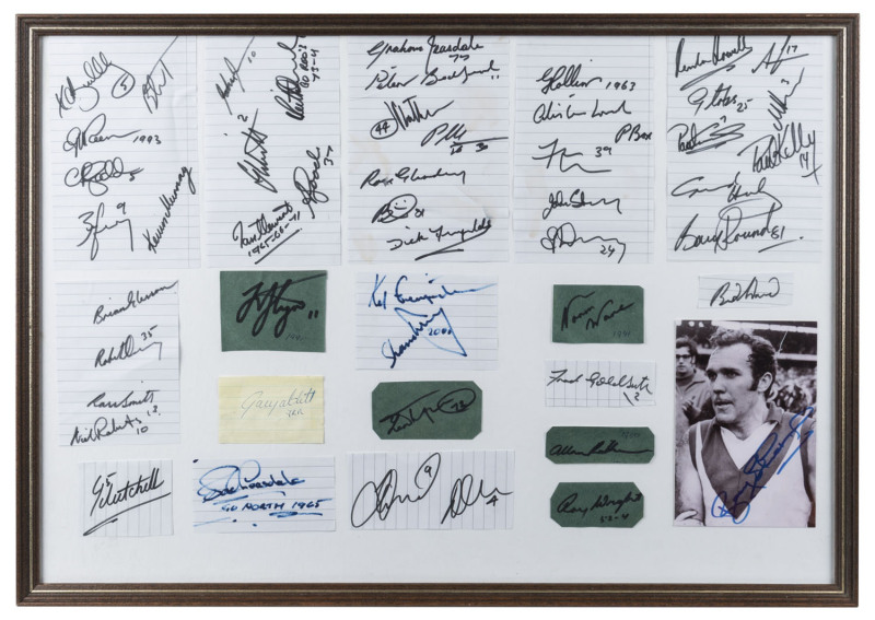 BROWNLOW MEDALLISTS: collage of winning Brownlow Medallist signatures on pieces, noting Dick Reynolds (1937 & 1938), Norm Ware (1941), Bob Skilton (signed photo, 1959, 1963 & 1968) Verdun Howell (1959), Ian Stewart (1965, 1966 & 1971), Paul Kelly (1195) G