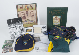 MEMORABILIA COLLECTION: including William "Billy" Murdoch's signature on a piece below a mounted print showing him alongside WG Grace, book "The Art of Bradman" 240pp hardbound with facsimile signatures of 1948 Australian "Invincibles" team inside, c.2001 Australia ODI cricket top with signatures and a Sri Lanka cricket top signed by Muralitharan, "Crusaders" cricket cap, cricket ties (3) including 1992 World Cup official tie, numerous signatures on images or on piece including Bradman,