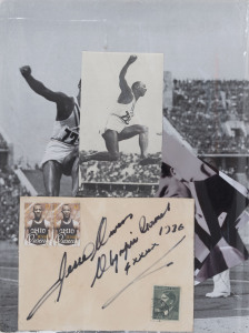 OLYMPIC MEMORABILIA COLLECTION: Nice variety including Jessie Owens signature on piece (4 golds, Berlin 1936), 1956 Melbourne Olympics souvenir booklet signed by Betty Cuthbert, Shirley Strickland (1952 & 1956 Olympian, three gold medals) various action i