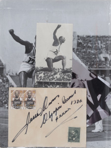 OLYMPIC MEMORABILIA COLLECTION: Nice variety including Jessie Owens signature on piece (4 golds, Berlin 1936), 1956 Melbourne Olympics souvenir booklet signed by Betty Cuthbert, Shirley Strickland (1952 & 1956 Olympian, three gold medals) various action images plus signature on card, middle/long distance runner Ron Clarke signed image (Clarke lit the Olympic flame during 1956 opening ceremony), Peter Snell signed photo (1960 & 1964 Olympian, 3 golds), Mark Spitz signed photo