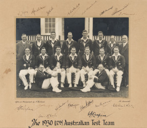 1930 AUSTRALIAN CRICKET TEAM official team photograph, taken by T. Bolland, titled 'The 1930 (17th) Australian Test Team', signed to mount by the entire team, 17 signatures - W.L.Kelly (manager), Archie Jackson (scarce - he died of TB in 1933), Tim Wall, 