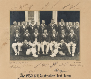 1930 AUSTRALIAN CRICKET TEAM official team photograph, taken by T. Bolland, titled 'The 1930 (17th) Australian Test Team', signed to mount by the entire team, 17 signatures - W.L.Kelly (manager), Archie Jackson (scarce - he died of TB in 1933), Tim Wall, Ted A'Beckett, Percy Hornibrook, Alec Hurwood, Clarrie Grimmett, T.Havard (official), Alan Fairfax, Bill Ponsford, Stan McCabe, Victor Richardson, Bill Woodfull (captain), Alan Kippax, Don Bradman, Bert Oldfield & Charlie Walker, overall 46 x 51