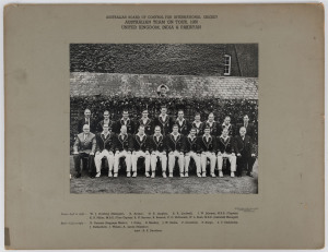 1956 Australian team, official team photograph, with title 'Australia Team on Tour 1956, United Kingdom, India & Pakistan', and players names printed on mount, overall 39.5 X 50.5cm.Provenance: The Keith Miller collection, Leski Auctions, August 2010.