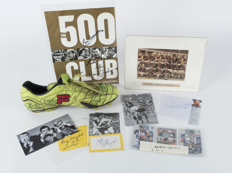 VFL/AFL COLLECTION: largely sorted by club with St Kilda 1966 Grand Final match report signed by Saints players including Ian Stewart, c.2008 signed football boot noting Lenny Hayes, Nick Riewoldt, Nick Del Santo, Robert Harvey; Essendon 1938 team photo s