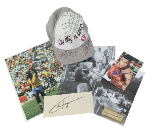 SPORTS MEMORABILIA COLLECTION: with Boxing: Mike Tyson, Anthony Mundine, Lionel Rose, Roy Jones, Pernell Whittaker, Floyd Mayweather, Manny Pacquiao signed photos, Sonny Liston & Dave Sands signed pieces, Johnny Famechon signed T-shirt; Basketball: Melbourne Tigers "25 years in the NRL" jersey with numerous signatures; Tennis: Rod Laver signed framed photo, tennis ball signed by Andre Agassi, Andy Murray, Roger Federer & Pet Sampras, cap signed by Novak Djokovic; Soccer: three photos of Pele,