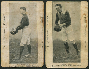1910 WEEKLY TIMES: Victorian Footballers Postcards - D.Gillespie (Carlton) & M.Gotz (Carlton), both Poor to Fair. Rare.