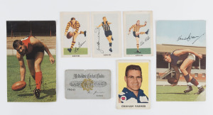 ODDMENTS: with Kornies 1948 [7/64], Mobil 1965 "Footy Photos" Bill Brown, Norm Brown & Hassa Mann, Scanlens 1965 Darrel Baldock & Polly Farmer, 1969 card #10 "Three Essendon Players", few others; also 1972 VFL fixture list, 1962-63 MCC Lady's Ticket, and 