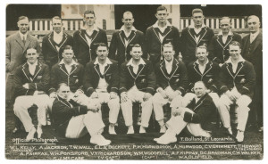 1930 AUSTRALIAN TEAM POSTCARDS: An official team photo PC by T.Bolland, St. Leonards, signed in ink on reverse byVictor Richardson, Hornibrook, A'Beckett, McCabe and Bradman. Also, a particularly scarce advertising postcard titled "THE AUSTRALIAN CRICKET XI. OF !(#). Visit to the English Steel Corporation Ltd., Vickers' Works, Sheffield, 13 May, 1930." depicting the players and various officials during the visit. (2). Provenance: The estate of A.E.James, Physiotherapist to the Australian Crcket