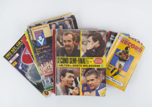 1979-86 ACCUMULATION: with Home-and-Away editions mostly featuring Carlton (50); also Carlton finals editions including Grand Finals for 1979 (vs Collingwood), 1981 (vs Collingwood), 1986 (vs Hawthorn), 1987 (vs Hawthorn); Second Semi-Finals 1979 (vs North Melbourne), 1981 (vs Geelong), 1982 (vs Richmond) & 1986 (vs Hawthorn); First Semi-Finals 1980 (vs Collingwood) & 1984 (vs Collingwood), plus 4 Qualifying Final issues; condition variable. (62)
