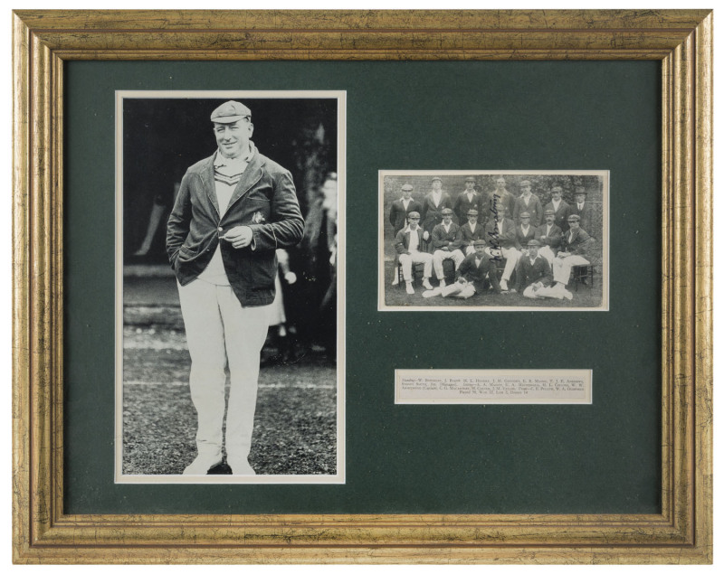 1921 AUSTRALIAN ASHES TOUR OF ENGLAND: mounted display with large portrait photograph of Australian Captain Warwick Armstrong, alongside a smaller photograph showing Australian Touring Team, which has been signed by Armstrong, with a caption beneath; fram