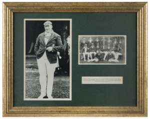 1921 AUSTRALIAN ASHES TOUR OF ENGLAND: mounted display with large portrait photograph of Australian Captain Warwick Armstrong, alongside a smaller photograph showing Australian Touring Team, which has been signed by Armstrong, with a caption beneath; framed & glazed, overall 53x42.5cm.