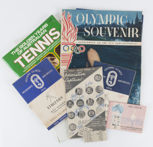 BALANCE OF CONSIGNMENT: incl. Australian Rules with c.1950 newspaper cut-out signed by VFA captains Ivor McIvor (Brunswick), Jim Cleary (Port Melbourne, who was heavily involved in the 1945 VFL Grand-Final bloodbath & suspended for 8 weeks) & Pat Bourke (Sandringham), Geelong 1991 Club Lottery folder; 1956 Melbourne Olympics with Main Stadium programmes (2) & tickets (2) and an Olympic Souvenir newspaper supplement; Cricket poster for 1975-76 Australia vs West Indies series, etc.