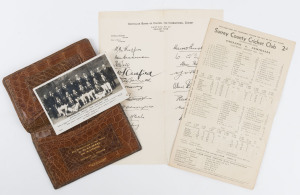 THE 1934 ASHES SERIES: A lizard skin wallet (by Smythson of Bond St.) inscribed in gold lettering "With congratulations and best wishes to Mr. A.E. James from W.Harrison - Australia v England 1934" [NB: these were presented to all members of the touring p