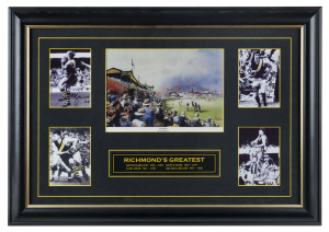 RICHMOND'S GREATEST: mounted display with reproduction of a scenic view of "Punt Road Oval, c.1949" surrounded by signed action images of Kevin Bartlett (1965-1983), Royce Hart (1967-1977), Jack Dyer (1931-1949) & Michael Roach (1977-1989); framed & glazed, overall 70x50cm.