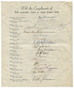 AUSTRALIA: An official "20th Australian Team to Great Britain 1948" team sheet, signed by the whole touring party (except Sidney Barnes, whose signature is rubber stamped). The "Invincibles" en route to their exceptional tour of England.Provenance: The es