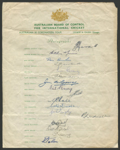 AUSTRALIA: Official ACB team sheet for the "Australian XI Coronation Tour" of England, fully signed, with Hassett (Capt.,) Morris (V.C.), Benaud, Craig, Harvey, Lindwall and Miller. (17 signatures).Provenance: The estate of A.E.James, Physiotherapist to t