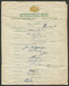 AUSTRALIA: Official ACB team sheet for the "Australian XI Coronation Tour" of England, fully signed, with Hassett (Capt.,) Morris (V.C.), Benaud, Craig, Harvey, Lindwall and Miller. (17 signatures).Provenance: The estate of A.E.James, Physiotherapist to the Australian Cricket Team, 1930s-1960s.