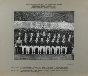 1956 Australian team, official team photograph, with title 'Australia Team on Tour 1956, United Kingdom, India & Pakistan', and players names printed on mount, overall 39.5 X 50.5cm. Also, an official team sheet, fully signed (including by A.E. James) and