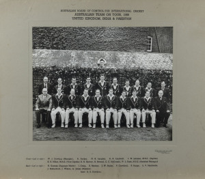 1956 Australian team, official team photograph, with title 'Australia Team on Tour 1956, United Kingdom, India & Pakistan', and players names printed on mount, overall 39.5 X 50.5cm. Also, an official team sheet, fully signed (including by A.E. James) and an oversize photo postcard with printed details of the Fourth Test (which England won) on reverse. (3 items). Provenance: The estate of A.E.James, Physiotherapist to the Australian Cricket Team, 1930s-1960s.