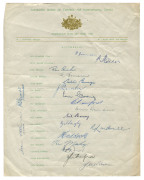 1956 Australian team, official team photograph, with title 'Australia Team on Tour 1956, United Kingdom, India & Pakistan', and players names printed on mount, overall 39.5 X 50.5cm. Also, an official team sheet, fully signed (including by A.E. James) and - 2