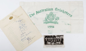 AUSTRALIA: An official "Australian Team on Tour, 1956" team sheet, fully signed by all 17 cricketers in the touring party, including Ian Johnson (Capt.), Keith Miller (V.C.), Archer, Benaud, Craig and McDonald. (small rear coffee stain); also an official team photograph postcard (which includes A.E. James) and a fine handkerchief by "Caressa" titled "The Australian Cricketers 1956" with their printed signatures and a Coat of Arms in green. (3 items).Provenance: The estate of A.E.James, Phy