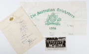 AUSTRALIA: An official "Australian Team on Tour, 1956" team sheet, fully signed by all 17 cricketers in the touring party, including Ian Johnson (Capt.), Keith Miller (V.C.), Archer, Benaud, Craig and McDonald. (small rear coffee stain); also an official