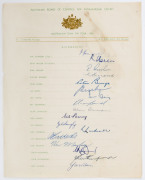 AUSTRALIA: An official "Australian Team on Tour, 1956" team sheet, fully signed by all 17 cricketers in the touring party, including Ian Johnson (Capt.), Keith Miller (V.C.), Archer, Benaud, Craig and McDonald. (small rear coffee stain); also an official - 2