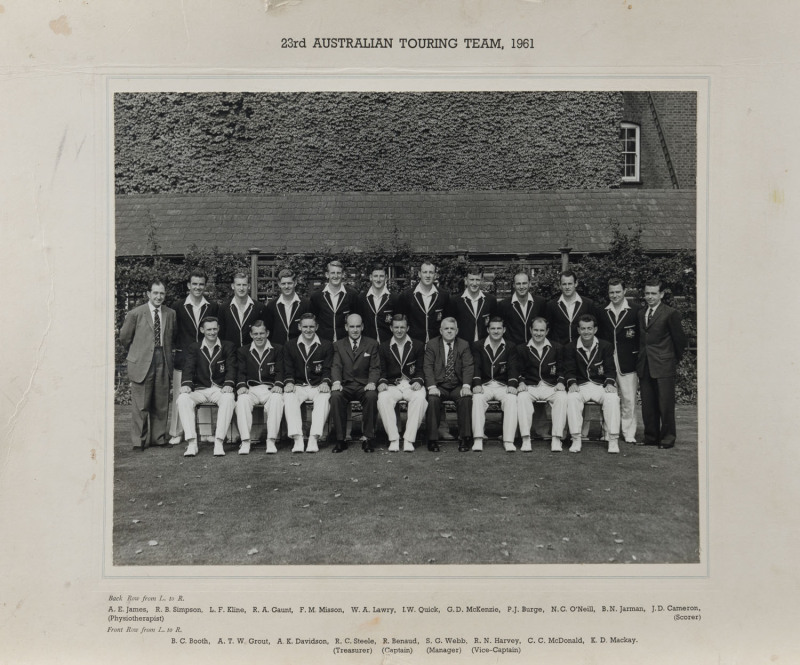 AUSTRALIA IN ENGLAND 1961: Official team photograph titled "23rd AUSTRALIAN TOURING TEAM, 1961" depicting the whole playing squad and officials (including A.E. James) laid down on backing card with the names printed below; overall 35.5 x 45.5cm. Together