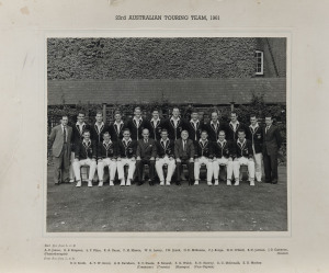AUSTRALIA IN ENGLAND 1961: Official team photograph titled "23rd AUSTRALIAN TOURING TEAM, 1961" depicting the whole playing squad and officials (including A.E. James) laid down on backing card with the names printed below; overall 35.5 x 45.5cm. Together 