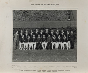 AUSTRALIA IN ENGLAND 1961: Official team photograph titled "23rd AUSTRALIAN TOURING TEAM, 1961" depicting the whole playing squad and officials (including A.E. James) laid down on backing card with the names printed below; overall 35.5 x 45.5cm. Together with the official "Programme of Matches" card signed by all the players; an official team sheet signed by all the players and officials and a printed team photograph with printed player signatures to which the 4 accompanying officials have added