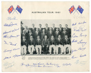 AUSTRALIA IN ENGLAND 1961: Official team photograph titled "23rd AUSTRALIAN TOURING TEAM, 1961" depicting the whole playing squad and officials (including A.E. James) laid down on backing card with the names printed below; overall 35.5 x 45.5cm. Together - 3