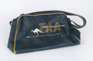 Airline carry bag made by James Watt of Melbourne for Trans-Australian Airlines (TAA) with printed inscription "AUSTRALIAN XI TOUR OF U.K. 1961 A. JAMES" as issued to each member of the touring party.Provenance: The estate of A.E.James, Physiotherapist to the Australian Cricket Team, 1930s-1960s.