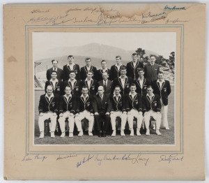 AUSTRALIA IN ENGLAND 1964: Official team photograph (by Leabon H. Stabb, Hobart) laid down on mount board with all the team and officials' original autographs at top and bottom; 21 signatures (with a few at top affected by dampness); also, an official tea